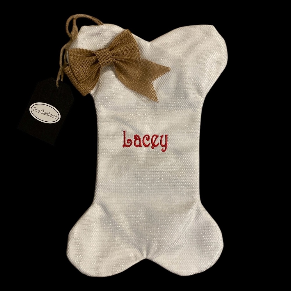 White Burlap Dog Bone Christmas Stocking “Lacey” Red Embroidered NWOT